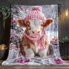 1pc Christmas Cow Wearing Pink Hat and Scarf Snowy Scene Gift Boxes Flannel Blanket Festive Holiday Throw Blanket for Kids