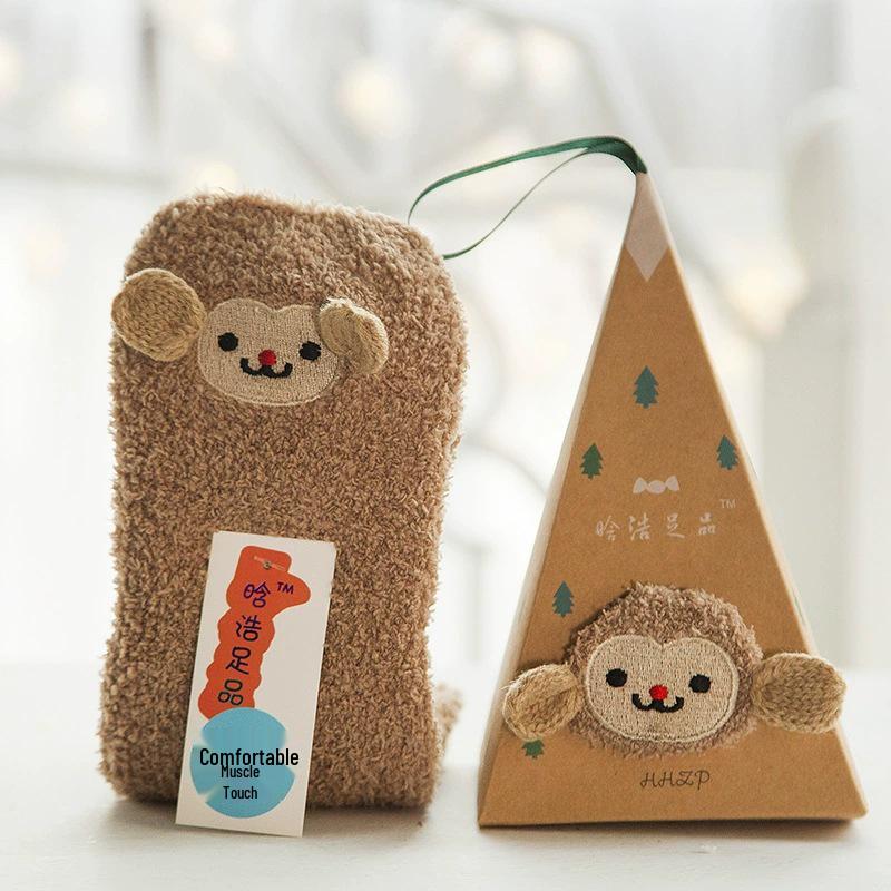 Japanese Christmas Cartoon Socks: Cozy Coral Fleece with 3D Embroidery for Women