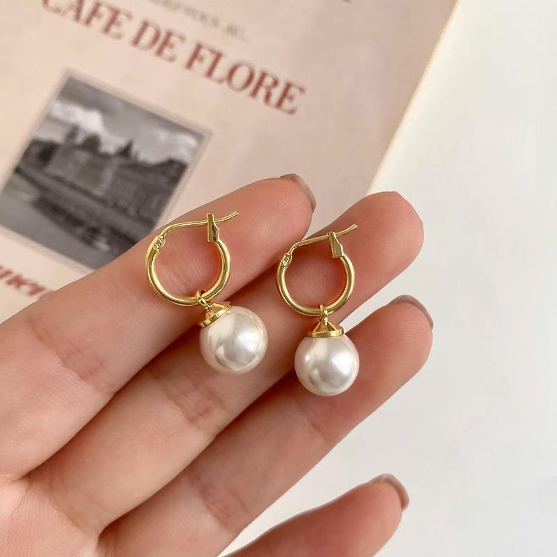 Large Retro 925 Pearl Earrings with Niche Ear Buckles for Women