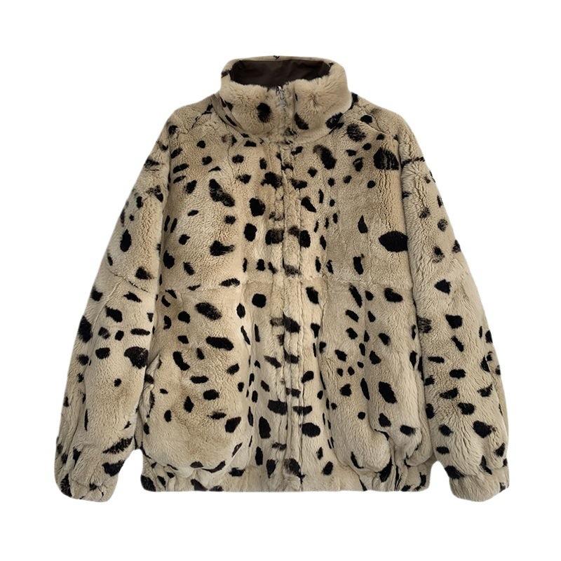 Imitation Rex Rabbit Leopard Print Imitation Fur Jacket Women's Lapel Plush Short Winter Thickened Gentle Wind Lamb Fleece Top