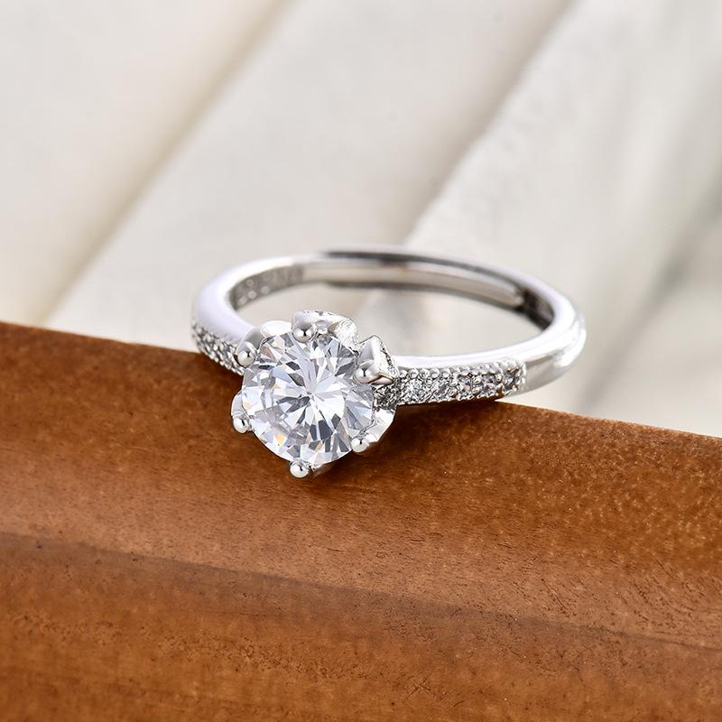 Elegant S925 Sterling Silver Six-Prong Simulated Moissanite Ring with Zircon for Women