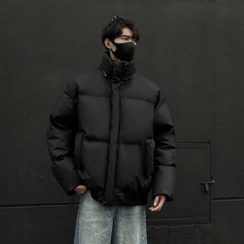 Winter Hooded Puffer Jacket With Detachable Faux Fur Collar Short PU Leather Coat Men Women Couples