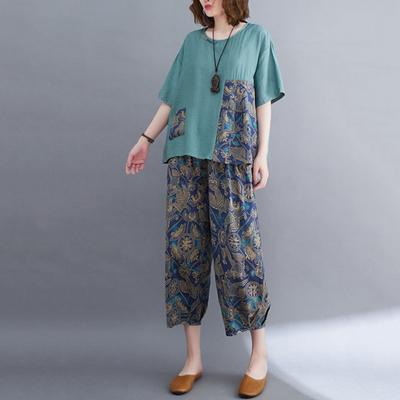 2 ks/sada Ženy Tričko Nohavice Súprava O Krk Krátke rukávy Patchwork Tlačený Top Elastický pás Široká noha Nohavice Nohavice Bežné Denné Oblečenie
