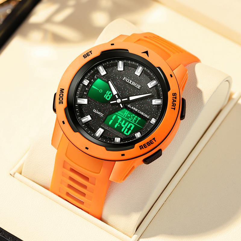 Fashion Orange Silicone Watch For Men LED Digital Backlight Dual Time Display Electronic Man Wristwatch Reloj Hombre+BOX оранжевый