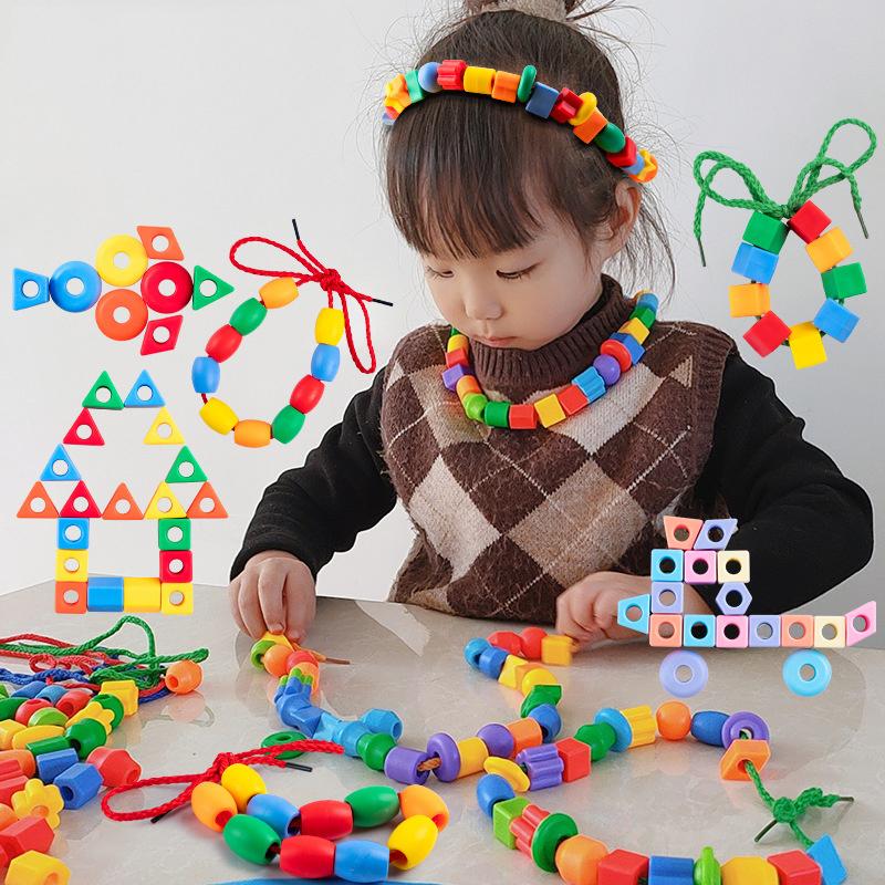 Rainbow Lacing Beads for Toddlers Color and Shape Sorter Fine Motor Skills Early Learning Montessori Toys for Preschool Kids