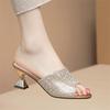 French niche temperament thick heel slippers sandals women's versatile comfortable rhinestone high heel cool slippers summer wear one-word drag