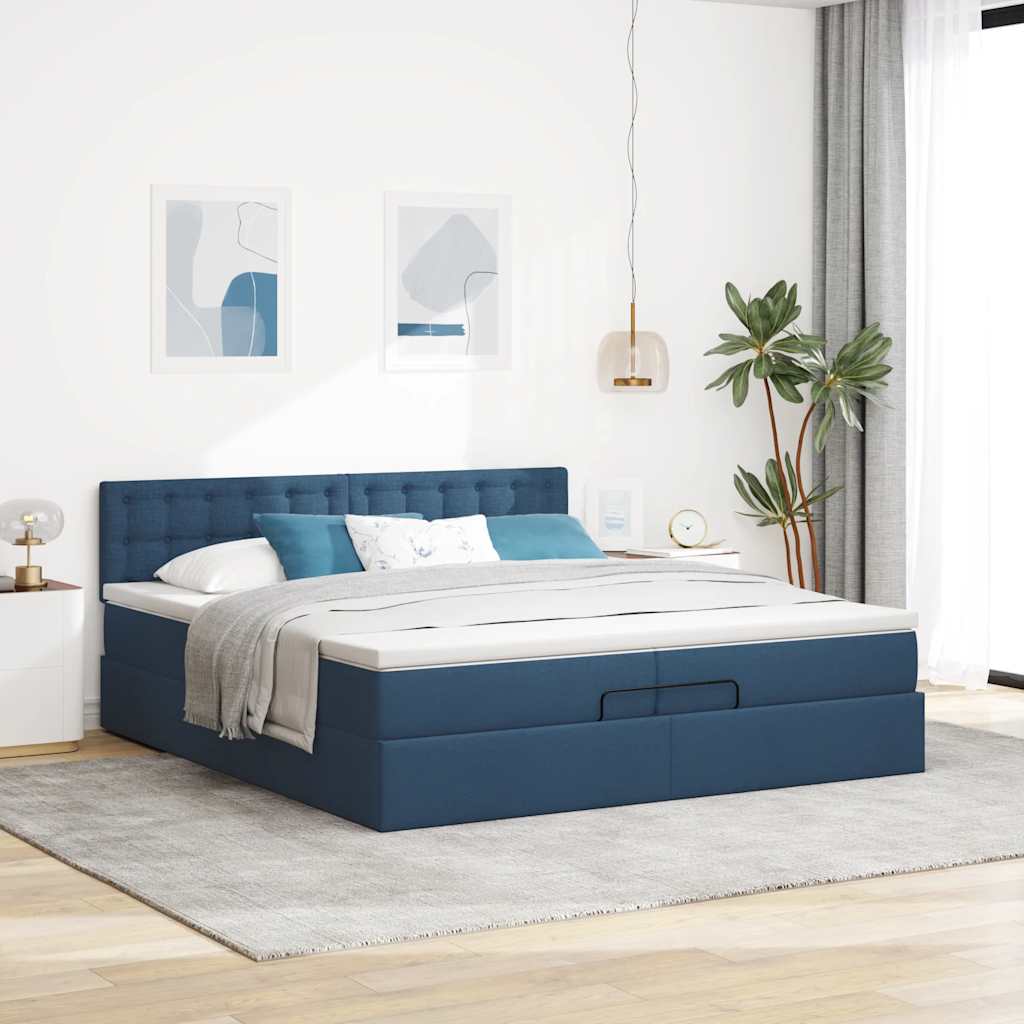 Ottoman Bed with Mattresses & LEDs Blue 200x200 cm Fabric
