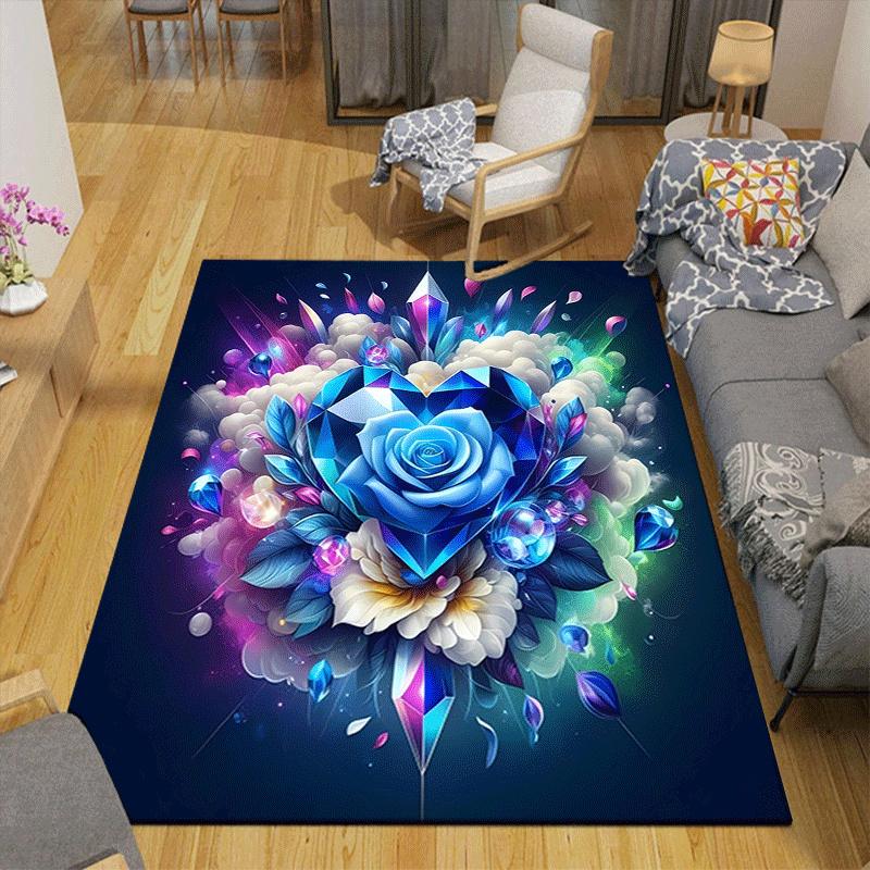 1pc Blue Gem Rose Design Area Rug - Soft, Anti-Slip, and Durable Gaming Room Decor for Bedroom