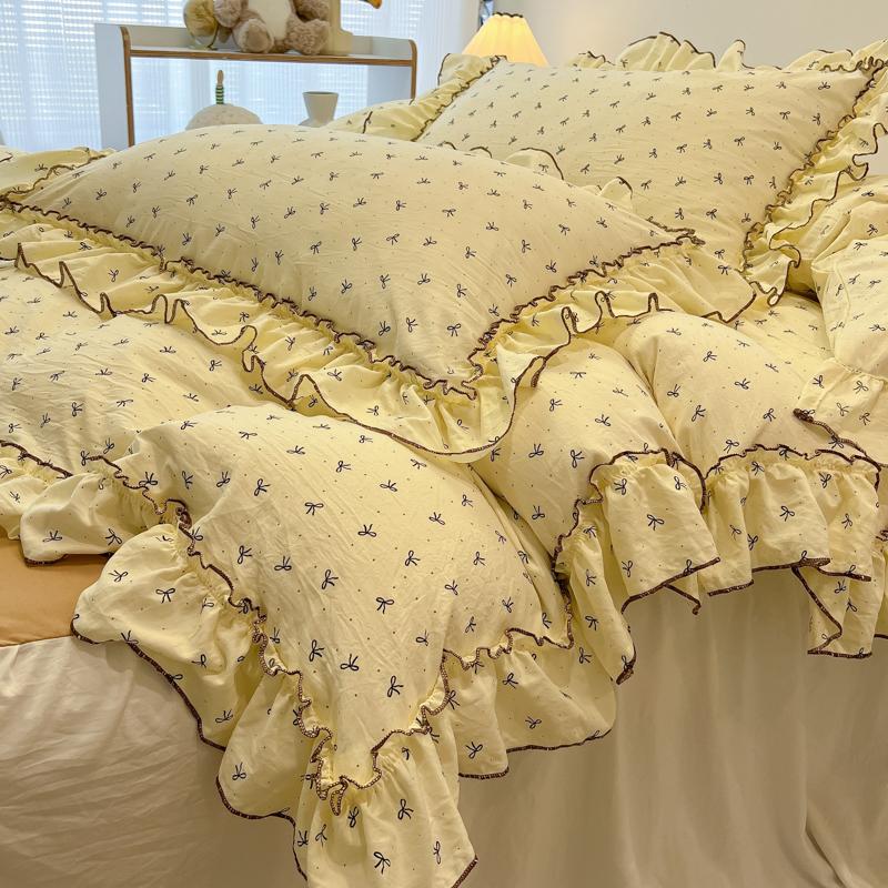 3/4Pc Korean Princess Style Floral Ruffles Bedding Set Single Queen Size Soft Skin-friendly Washed Cotton Duvet Cover Pillowcase