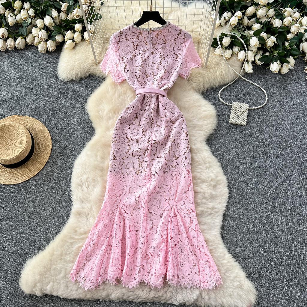 Light luxury celebrity heavy industry diamond round neck short-sleeved lace dress women's high-end slim and thin fishtail dress long dress