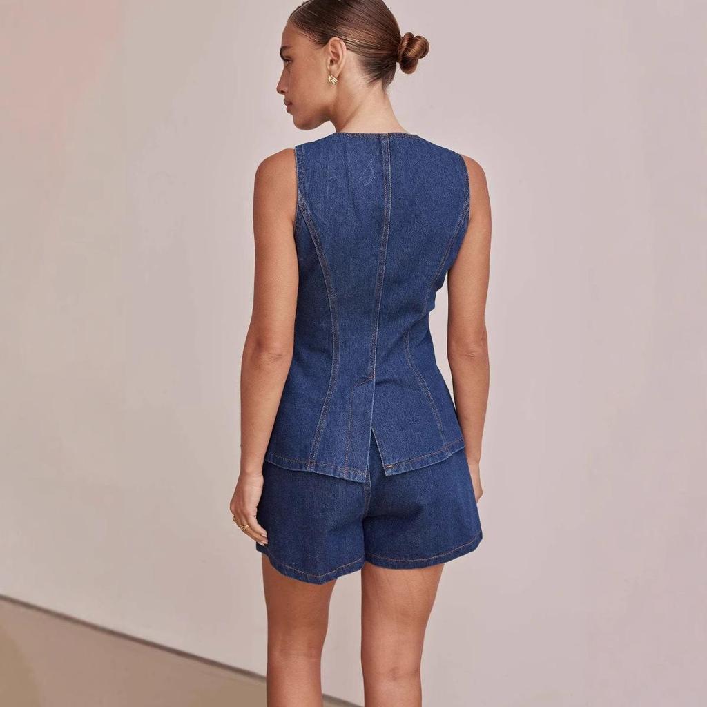 Spring Summer Fashion Sleeveless Waist High Waist Loose Cowboy Shorts Set