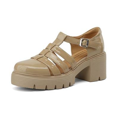 Krazing Pot Echtes Leder Schnalle Riemen Runde Zehe Dicke Unterseite Elegante Herbst Hohl Dekoration Sommer Freizeit Frauen Pumps