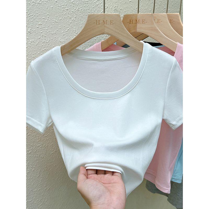 Real Shot Pure Color round Neck Cotton Short Sleeve T-shirt Summer New Arrival Women's Low Collar Pure Color Short Tops Plaid Inner Wear
