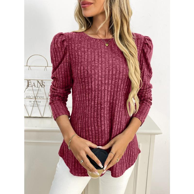 Women Solid Crew Neck Puff Sleeve Long Sleeve Brushed Striped T Shirt Top