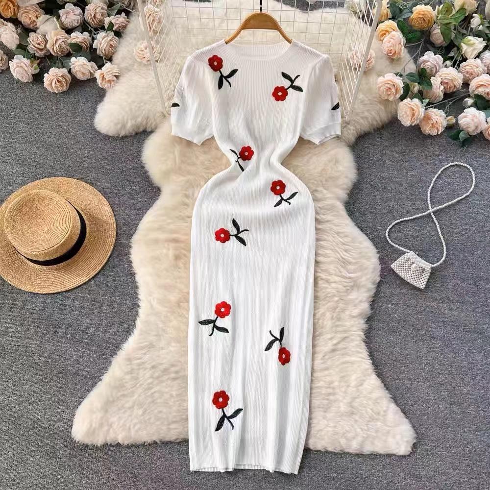 Summer Women Vintage Puff Sleeve Embroidery Rose Flower Office Party Knitted Sweater Slim Bodycon Sheath Pullover Dresses