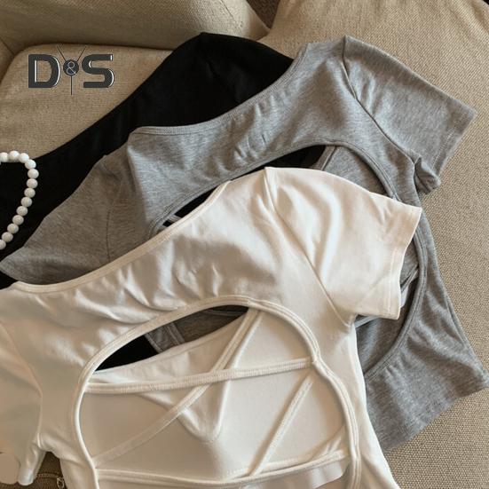 Damen T-Shirt mit quadratischem Kragen, kurzärmelig, mit Hohlkreuz, einfarbig, schmale Passform, kurze Oberteile für den Alltag