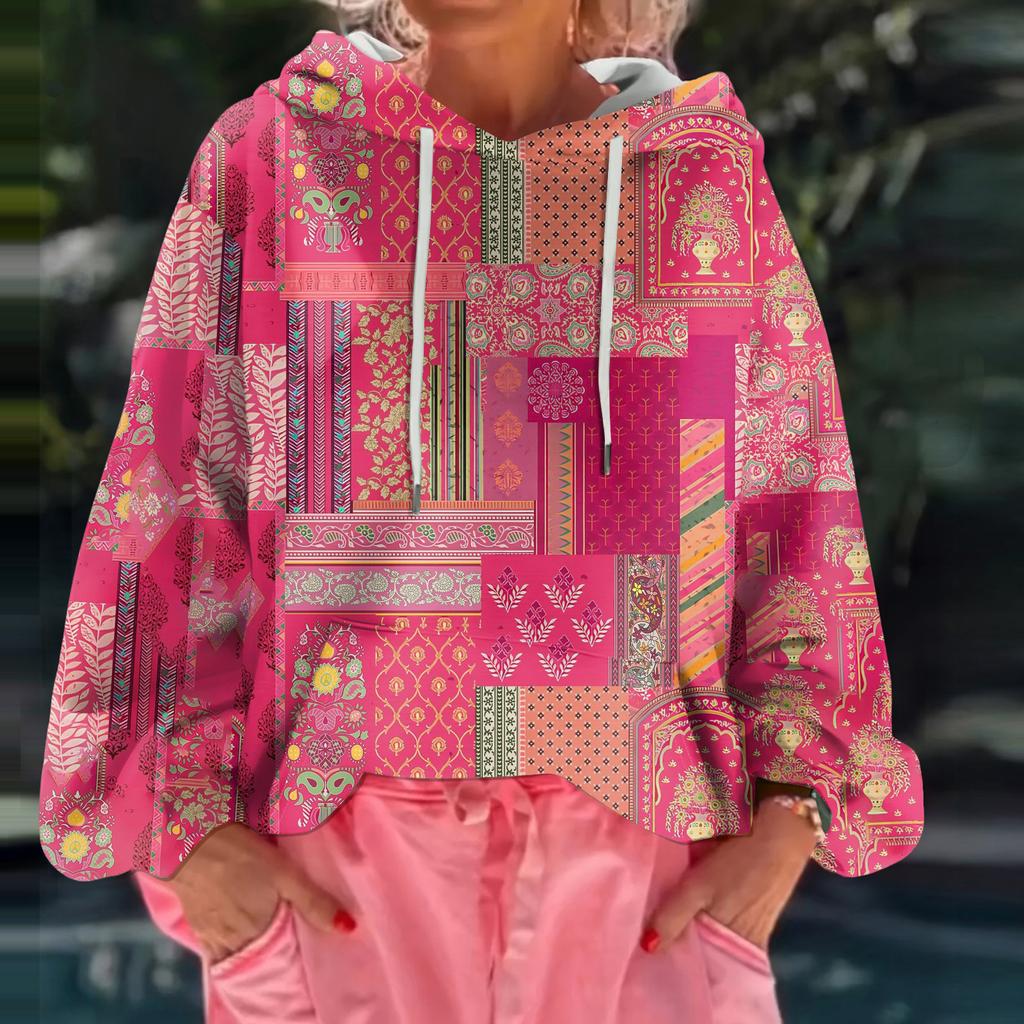 Women's Floral Print Loose Casual Long Sleeved Hooded Sweatshirt