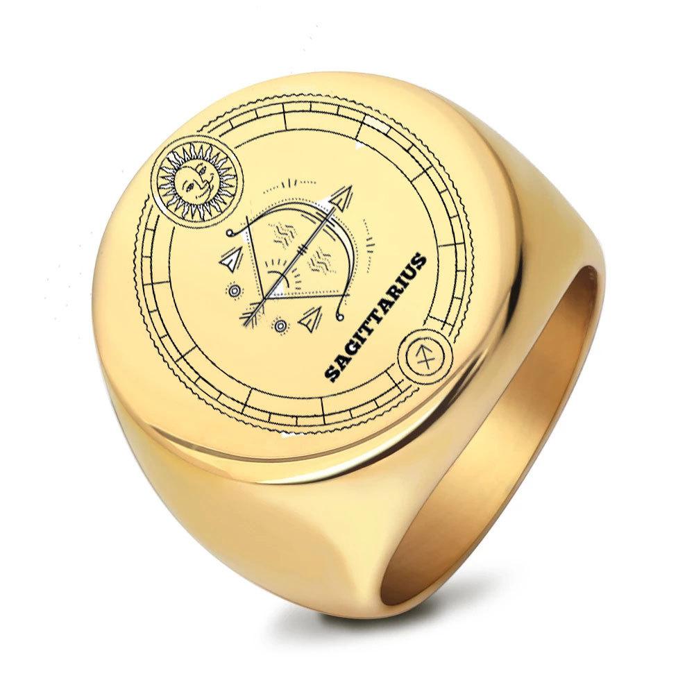 22mm Round Stainless Steel Zodiac Sign Men Ring Retro Fashion Index Finger Ring for Men