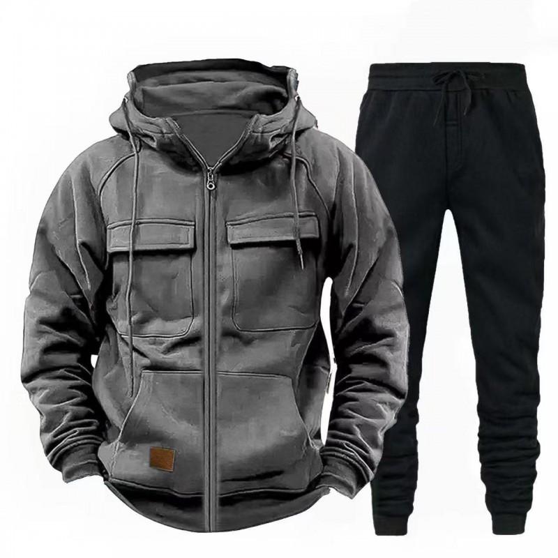 Mens Hooded Zip-Up Workwear Sweatsuit Set Long Sleeve Top Pants Fall Casual Two-Piece Outfit
