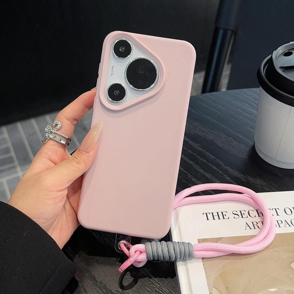 Litchi Pattern Leather Wrist Strap Case for Huawei P70 Pura 70 Ultra P60 P50 Pro Mate 40 50 60 Pro Plus Soft Lanyard Cases Cover