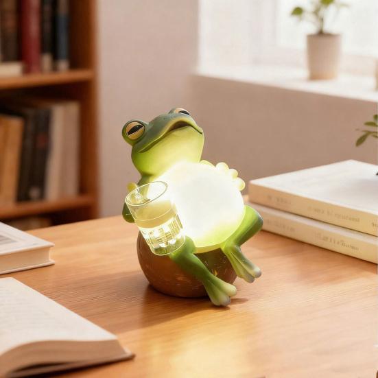 Trinkender Frosch Figur Nachtlicht Sitzend auf Tasse Frosch Dekorative Lampe Harz Statue Figur Heim Büro Schlafzimmer Schreibtisch Ornament