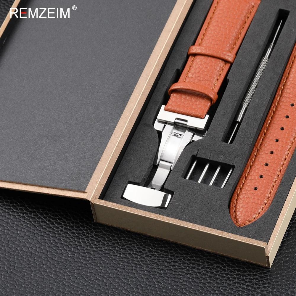 Litchi Pattern Design Leather Wrist Band 18mm 20mm 22mm Men Women Strap with Butterfly Buckle Gift Box Packaging Watchband