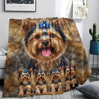 1Pc Yorkshire Terrier Schnauzer Print Flannel Blanket, High Quality Comfortable for All Seasons, Home Decor, Warmth and Comfort, Perfect for Gifts