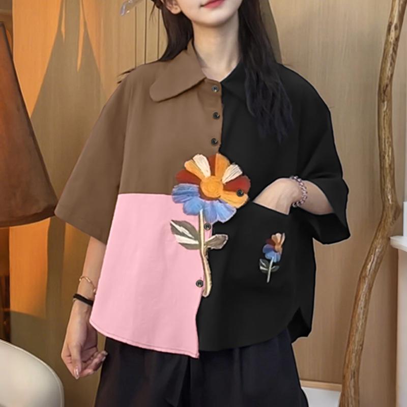 

ZANZEA Женская повседневная блузка с отложным воротником, свободного кроя, с короткими рукавами, пэчворк 5XL розовый