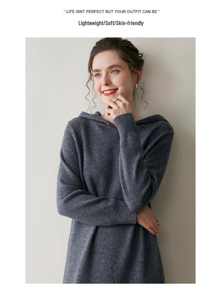Autumn/Winter Hooded Wool Knit Sweater Dress - Solid, Loose, Soft, Warm, Mid-Length Cashmere.