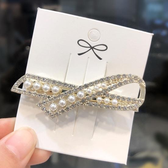 Women Hairpin Bow Shape Faux Pearl Rhinestone Faux Crystal Decor Hollow Out Exquisite Anti-slip Sparkling Luxury Hair Decoration Hair Clip