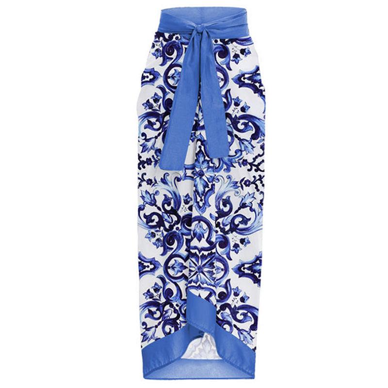 

Европейский и американский стиль для отпуска, принт, миди-юбка, пляжное платье, завязывающийся дизайн One Size