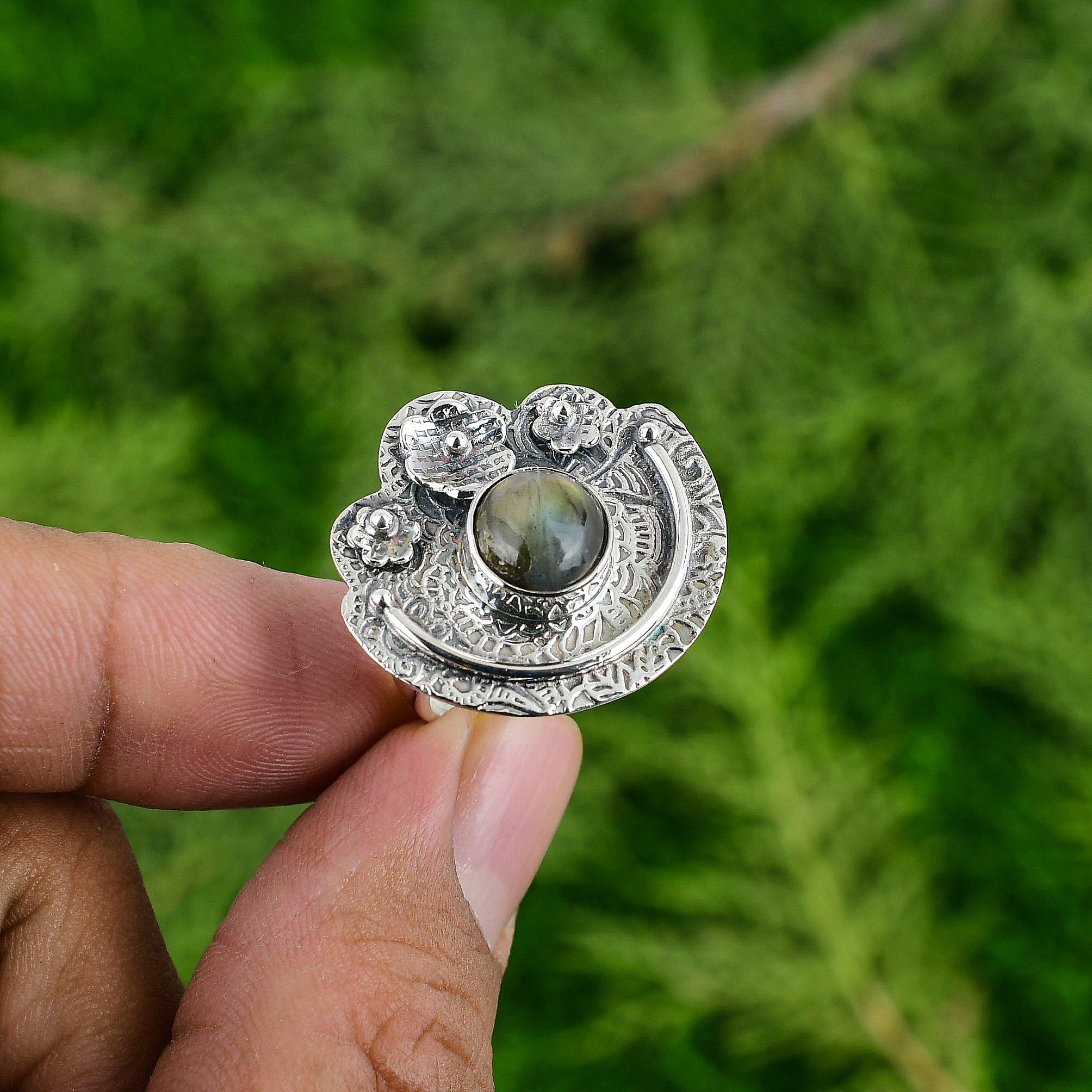 

Gift For Her Natural Labradorite Stackable Flower Adjustable Ring 925 Silver Adjustable