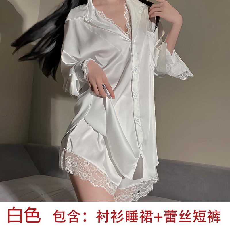 Boyfriend style shirt sexy large size pajamas pure lust thin lace fake two pajamas loungewear