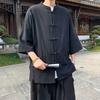 Camicie Stile Cinese Tang Suit da Uomo Moda Estiva Manica Corta Camicie Imitazione Lino Uomo Collo alla Coreana Top con Rilievo di Bambù