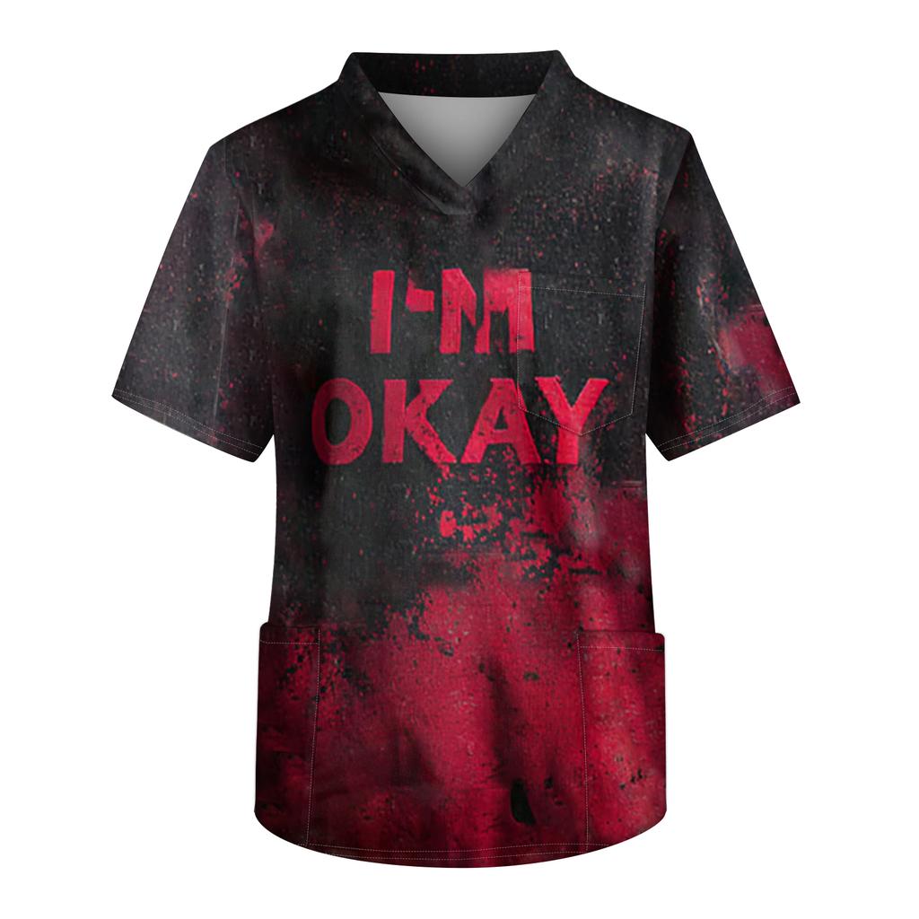 Men's Printing Short Sleeve V-neck Working Blouse Chest Pocket Carer Top