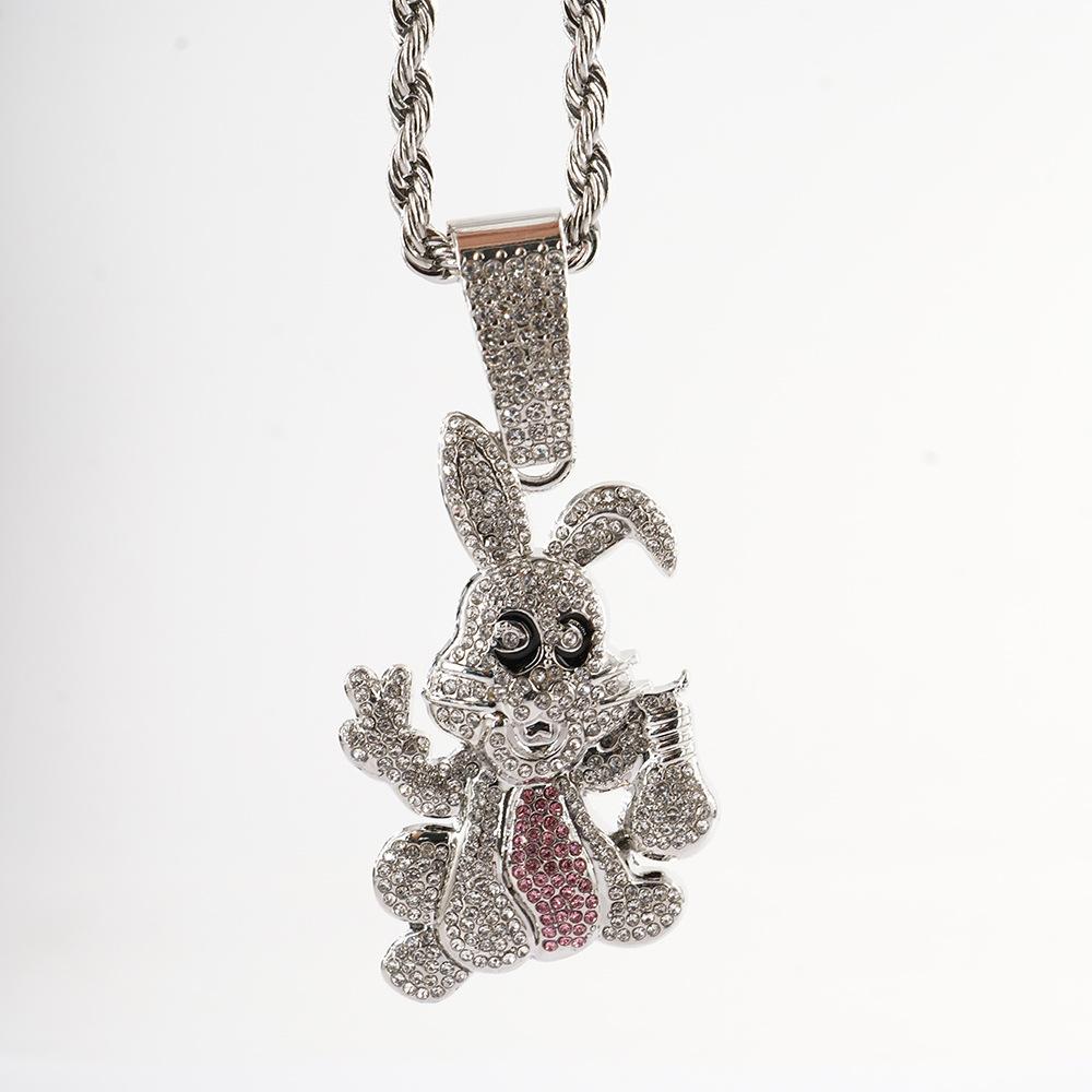 Hip-hop style personality diamond-encrusted dripping oil cartoon rabbit pendant Cuban chain necklace hipster wear fashion necklace accessories