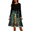 Women's Fashion Round Casual Slim Fit Christmas Print Large Swing Long Sleeve Dress