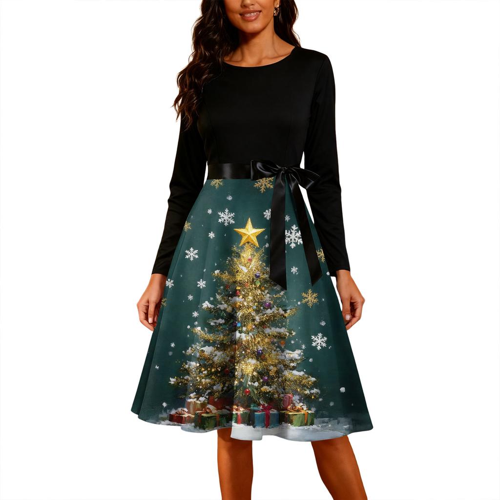 Women's Fashion Round Casual Slim Fit Christmas Print Large Swing Long Sleeve Dress