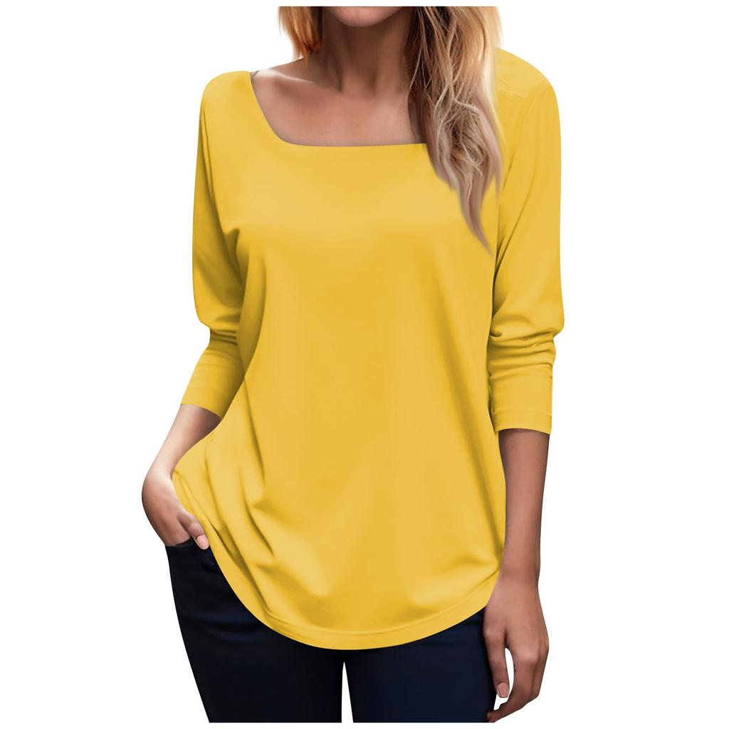 Women's Fashionable Waist Square Neck Long Sleeve Color T-Shirt Top