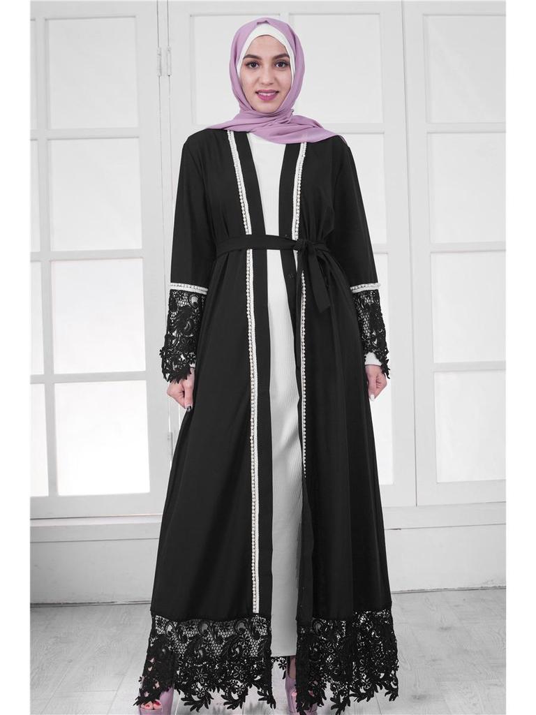 Black Lace Pearl Middle Eastern Style Long Cardigan for Women