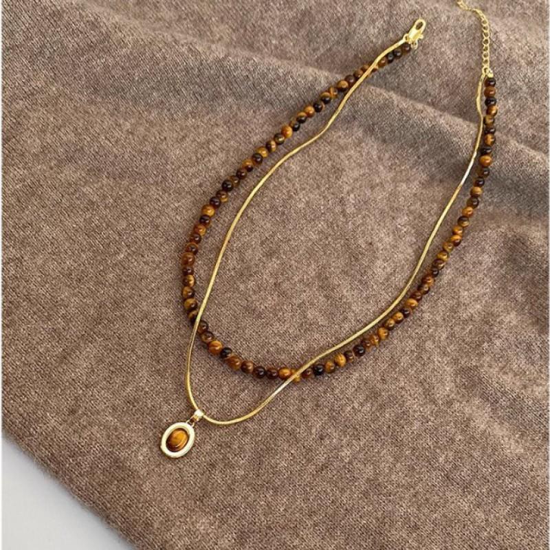 Handmade Tiger Eye Stone Layered Necklace Women Geometric Minimalist Choker Chain Jewelry Accessory