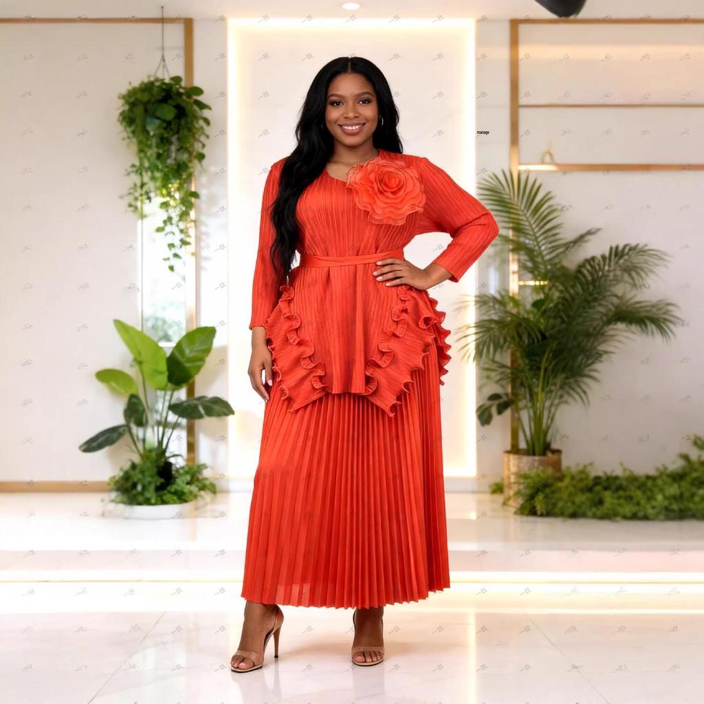 Miyake Plus Size African-Inspired Pleated Ruffle Irregular Two-Piece Set - Women's Fashion