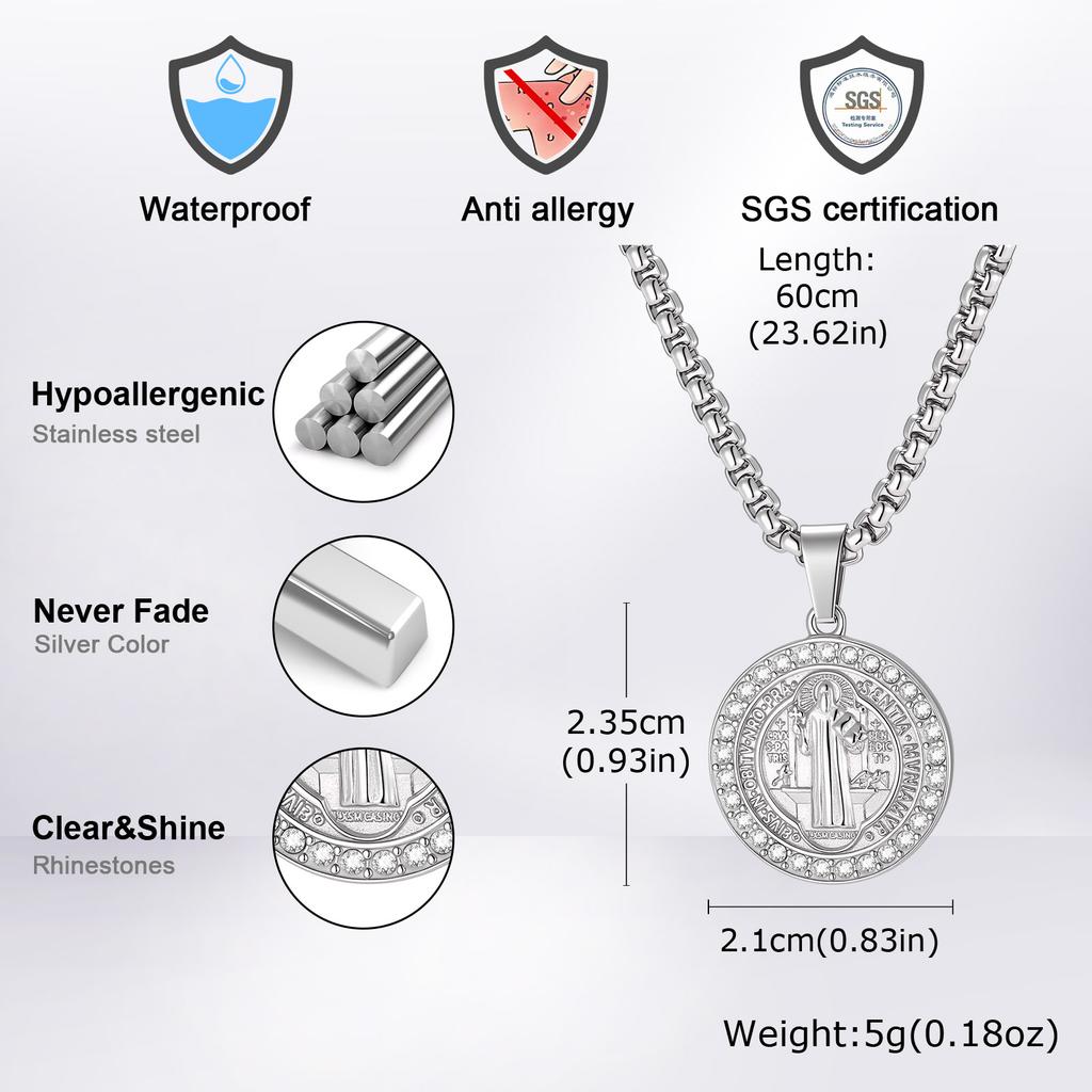 Luxus St. Benediktmedaille Halskette für Männer, Hip Hop Edelstahl Zirkonia Heiliger Benedikt Anhänger Halskette, Religiöser Schmuck