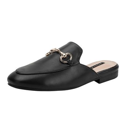 Leather Shoes Flat Bottom, Spring and Summer New Bag Head Half Slippers, Wearing Horse Buckle Without Heel Lazy Shoes