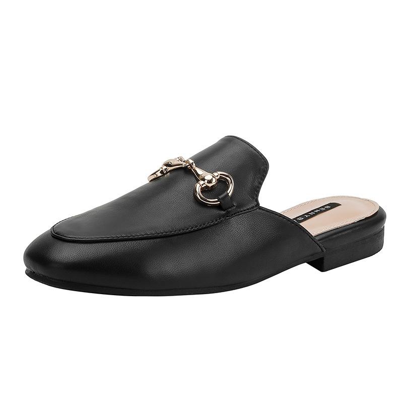 Leather Muller shoes flat bottom, spring and summer 2025 new bag head half slippers, wearing horse buckle without heel lazy shoes