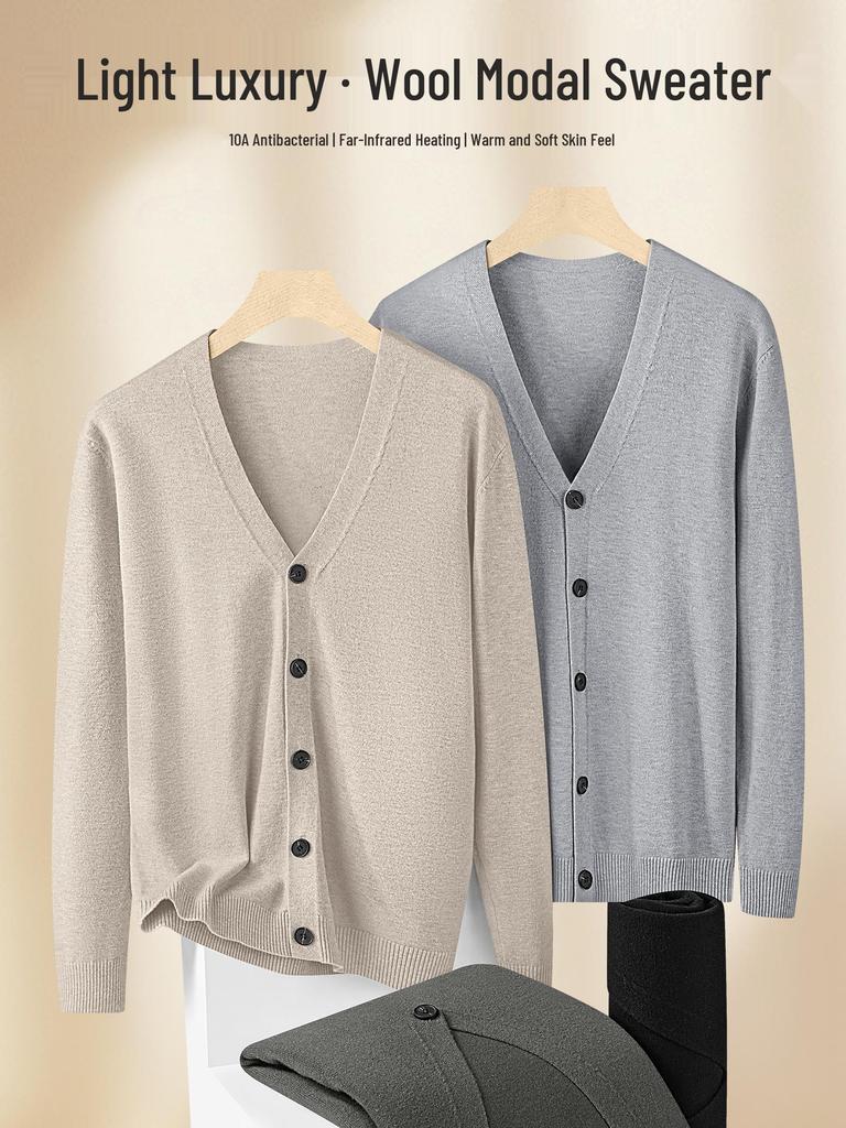 Herren V-Ausschnitt Strickjacke aus Wolle und Modal: Herbst/Winter Business Pendler Pulloverjacke