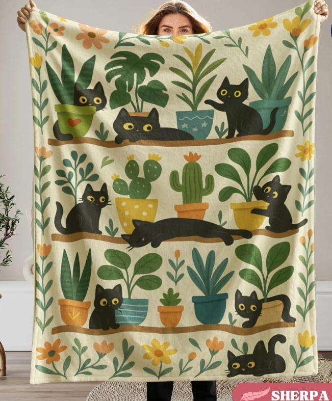Black Cat Moon Blanket, Gothic Floral Throw Blanket Dark Academia Decor Witchy Cat Gift Celestial Moth Blanket, Cozy Plush Throw