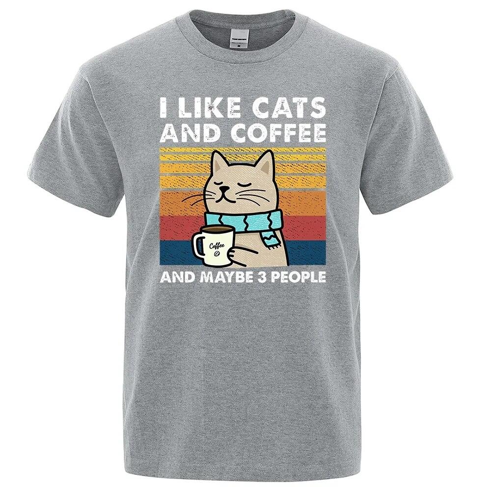 Summer 100% Cotton T-Shirts I Like Cats And Coffee Street Funny  Print T Shirts Street Unisex Women T Shirts Hip Hop Breathable Tee