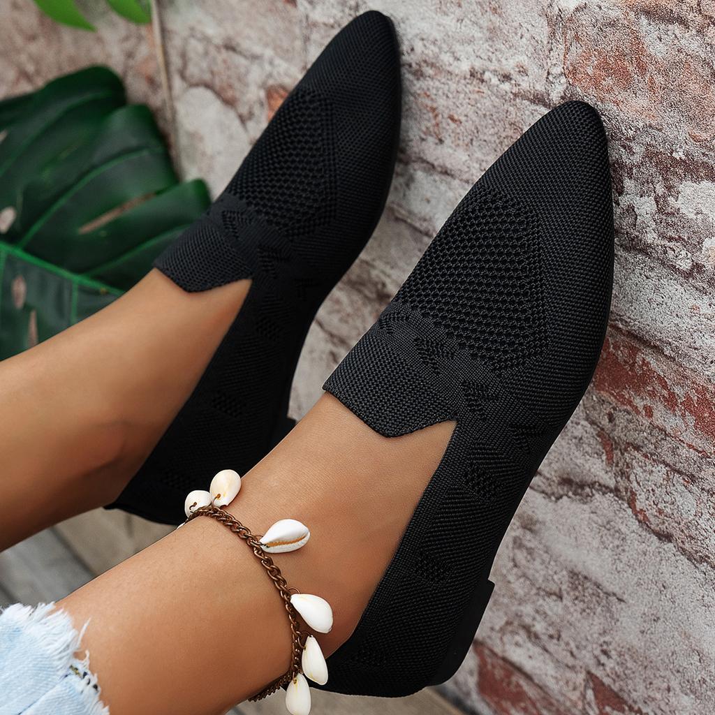 Women's Flyknit Pointed Toe Loafers - Low-Cut Slip-On Casual Flats, Breathable Comfort Shoes