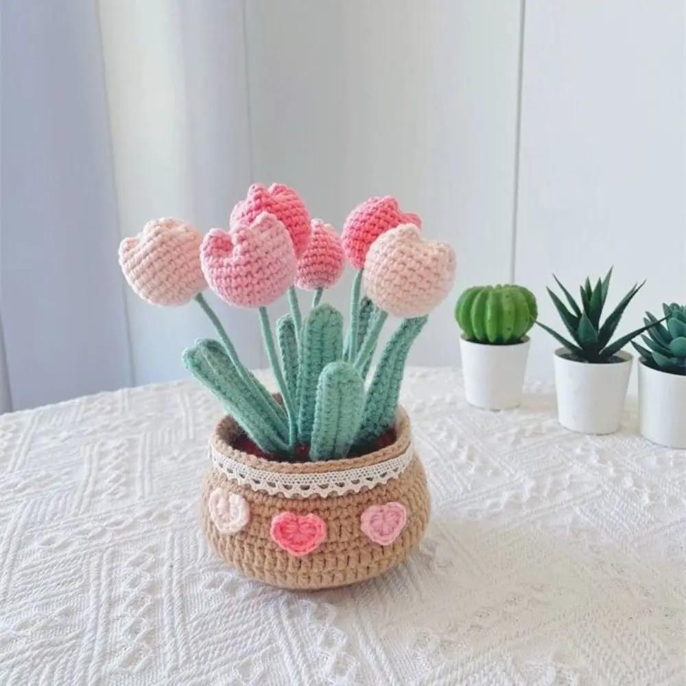 Handmade Tulip Potted Flower Bundle Decoration DIY Crochet Material Bag Self Made Decoration